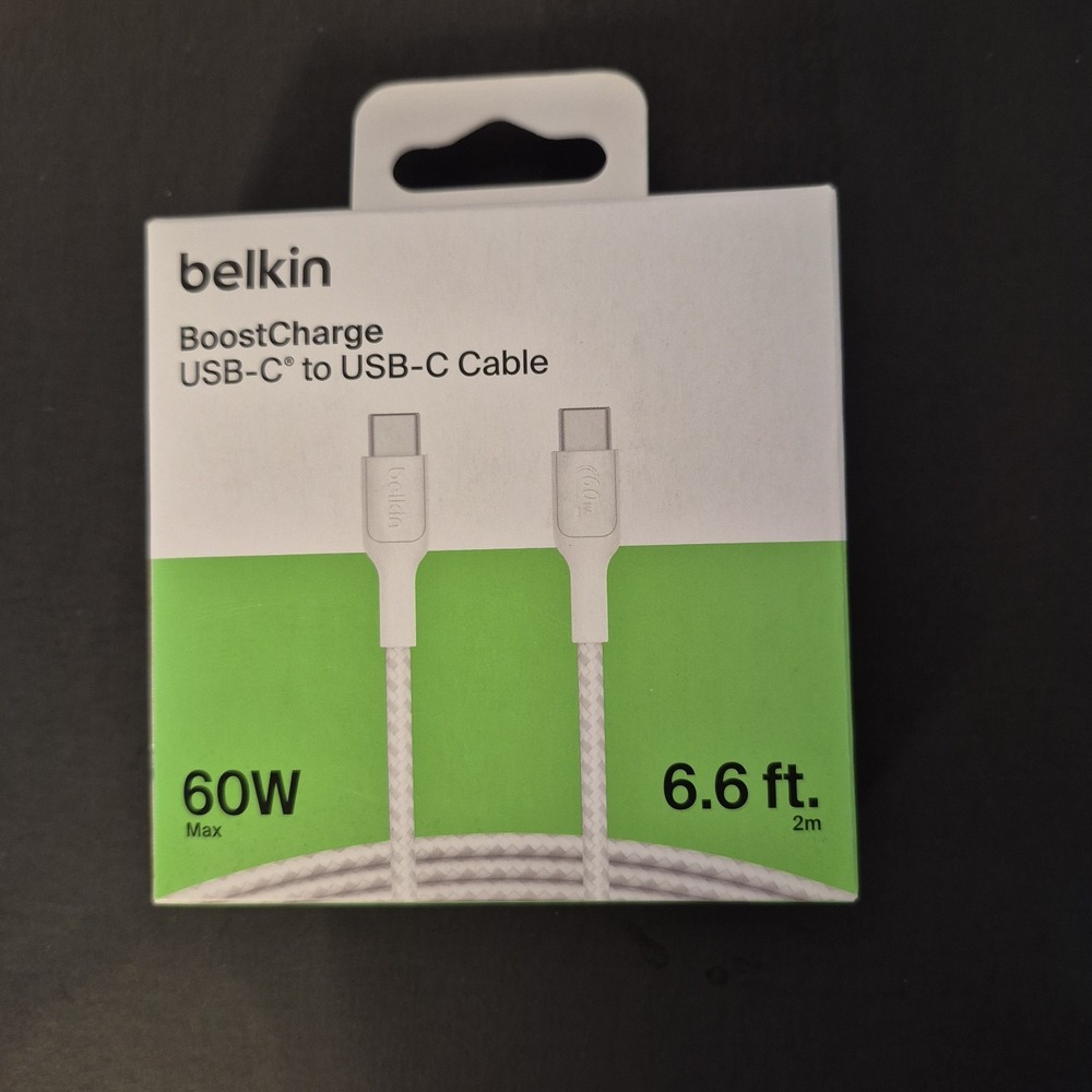 NEW Belkin (6.6-Ft/60W) BoostCharge USB-C to USB-C Braided Cable - White
